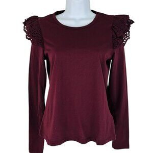 Joe's Women's Size XS Eyelet Ruffle Shoulder Long Sleeve Vineyard Wine Top NWOT